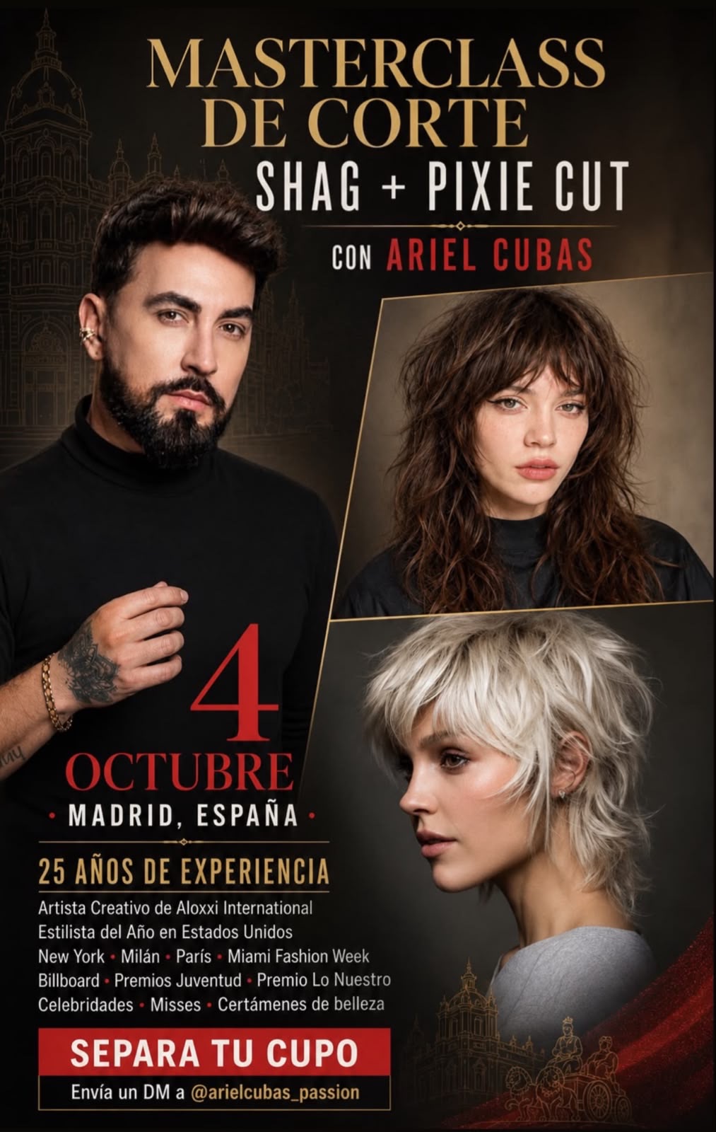 Poster for the cutting masterclass: shag + pixie cut with Ariel Cubas, 4 October, Madrid